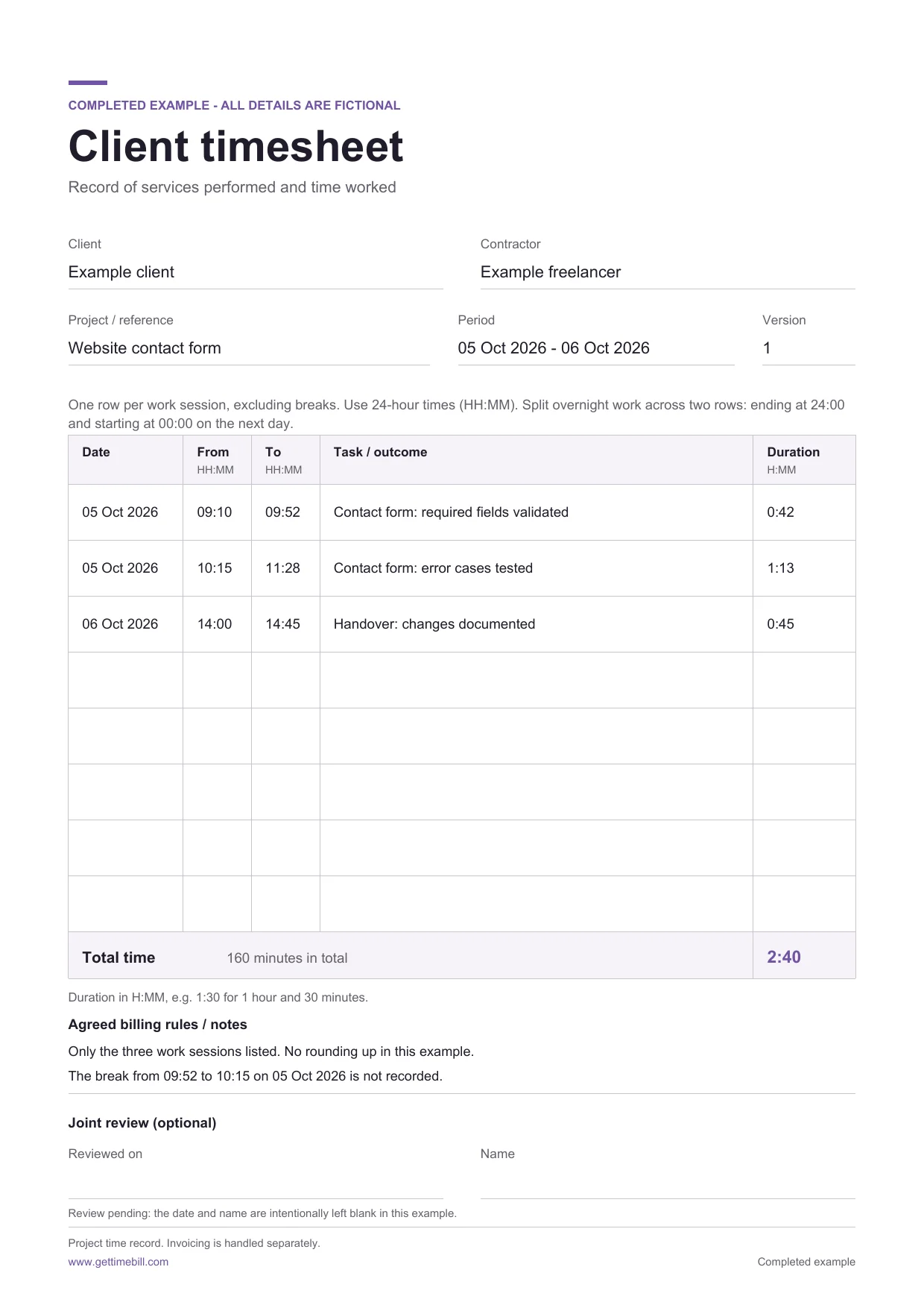Completed fictional timesheet with three work sessions on 5 and 6 October 2026, totalling 2 hours 40 minutes.