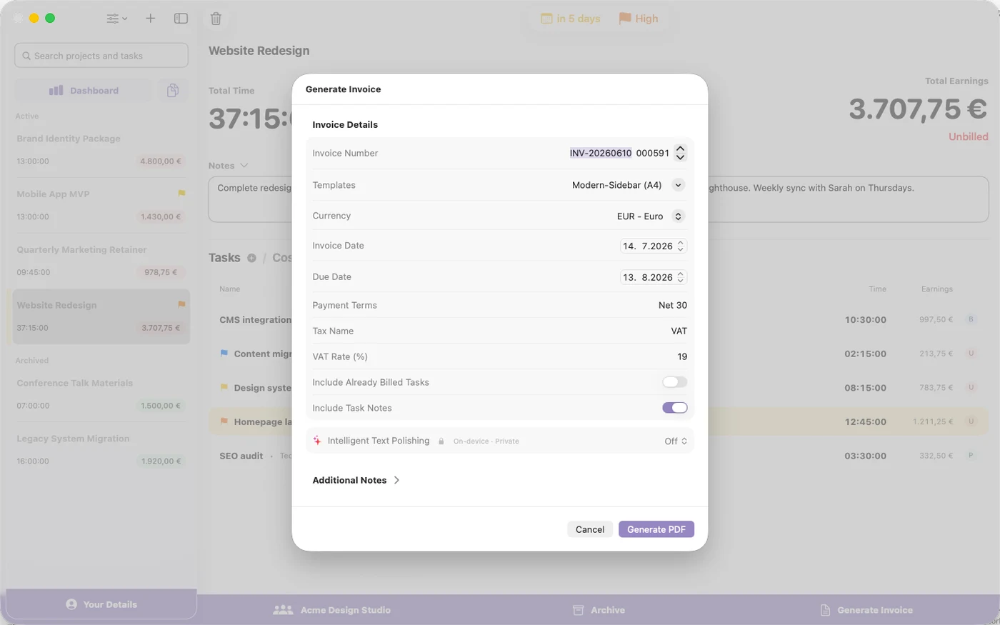 The Generate Invoice sheet with invoice number, dates, tax, and template options