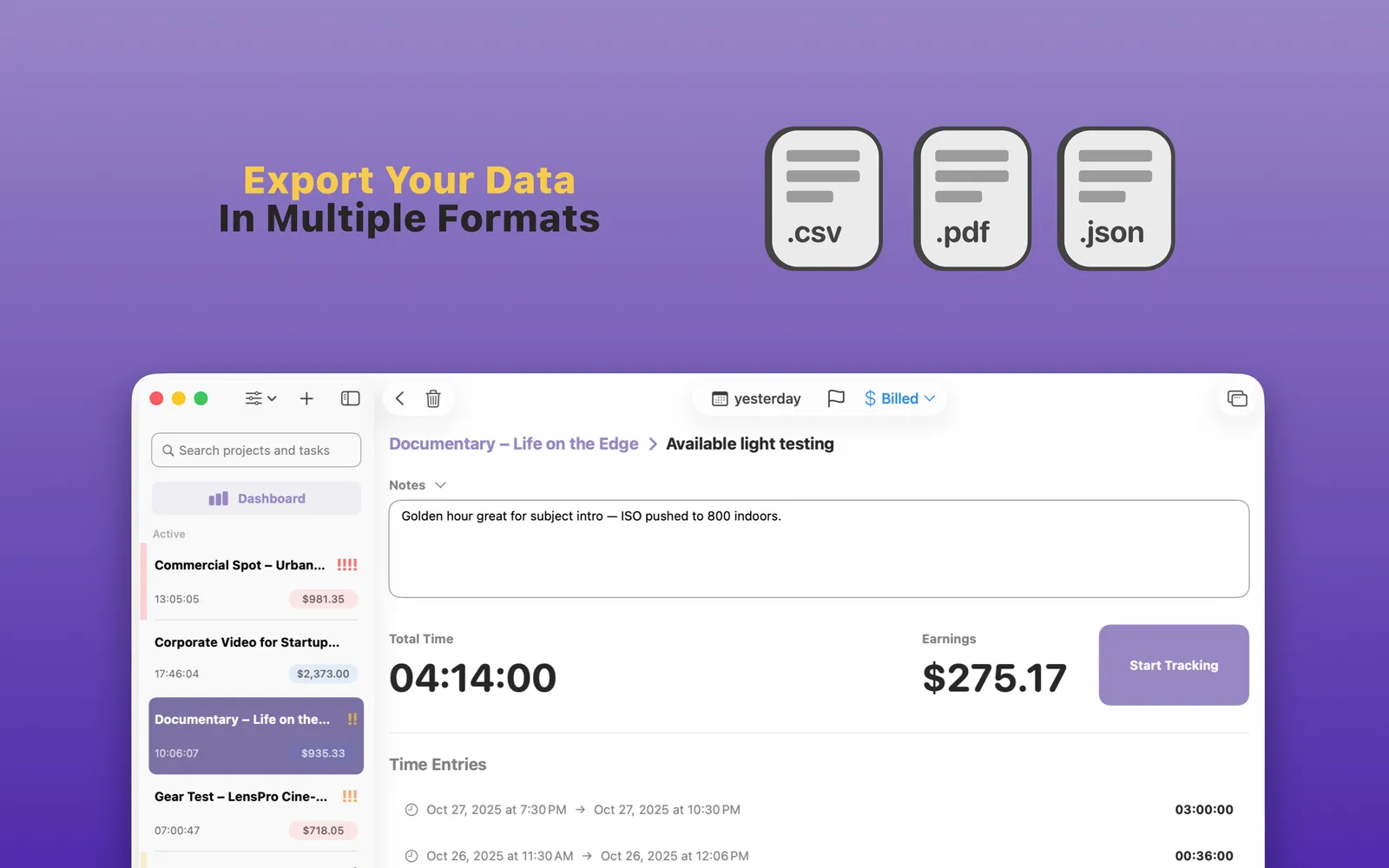Exporting your TimeBill data in multiple formats — PDF invoices, CSV time data, and JSON backups