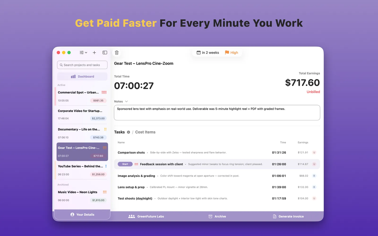 TimeBill tracking time on a video project with live earnings, on macOS