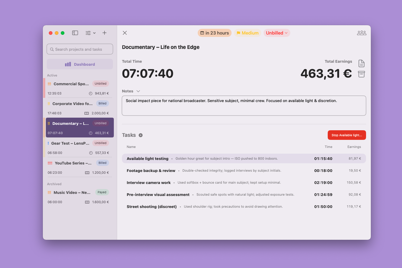 TimeBill Software Screenshot
